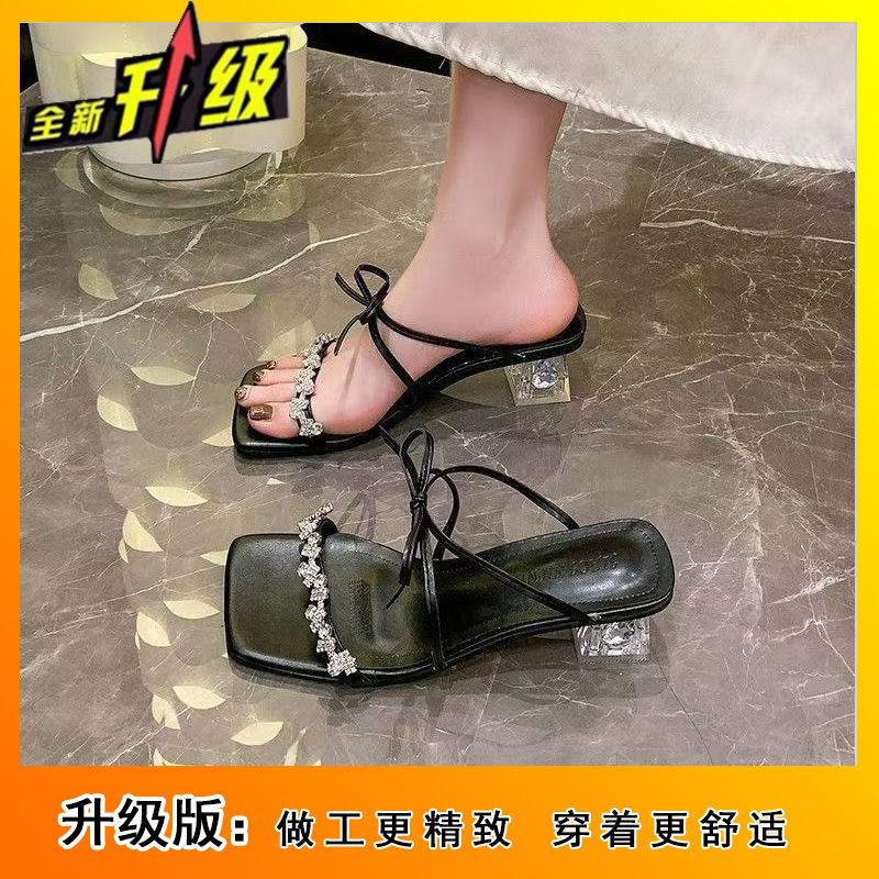 Красивые французские шлепанцы с бантиком из страз, женская уличная обувь 2025, новые летние сказочные сандалии, темпераментные высокие каблуки