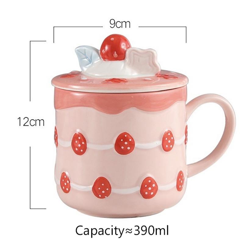 1Pcs 390Ml Ceramic Cup High Value Mug Strawberry Cake Cup Girls Cute Water Cup With Lid Home Milk Breakfast Cup