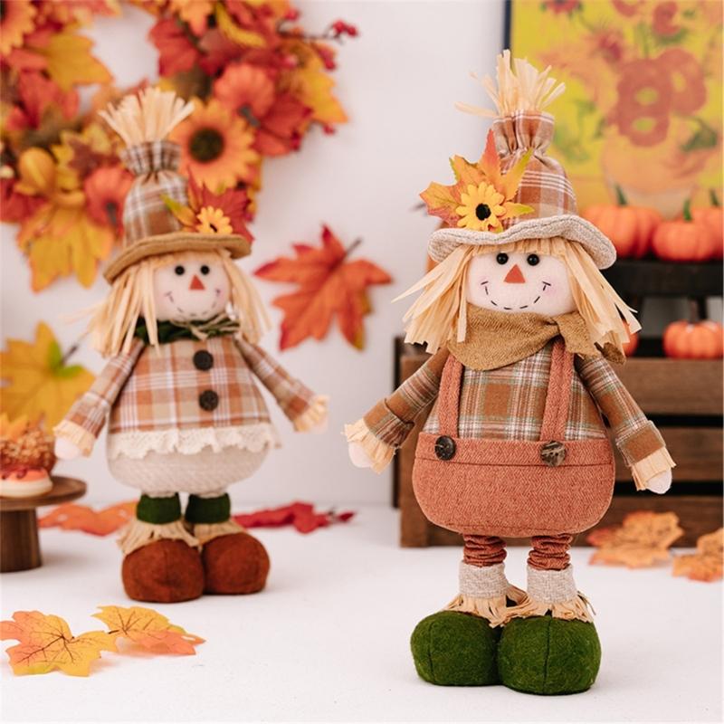 Thanksgiving Harvest Season Scarecrow Ornament Adjustable Doll Tabletop Decoration for Home Retractable Figurine
