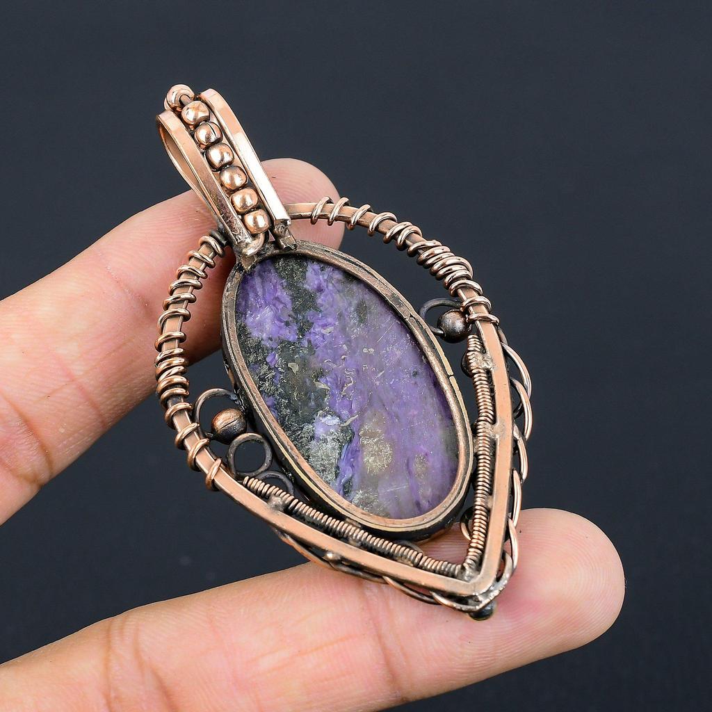 Драгоценный камень чароит ручной работы из чистой медной проволоки, завернутый в подвеску, ювелирное изделие на День памяти