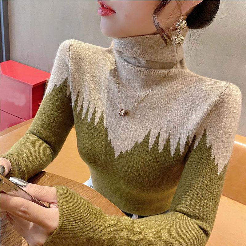 Женский свитер с высоким воротом, базовый вариант на осень и зиму, новый стильный облегающий трикотажный свитер, женский внутренний наряд