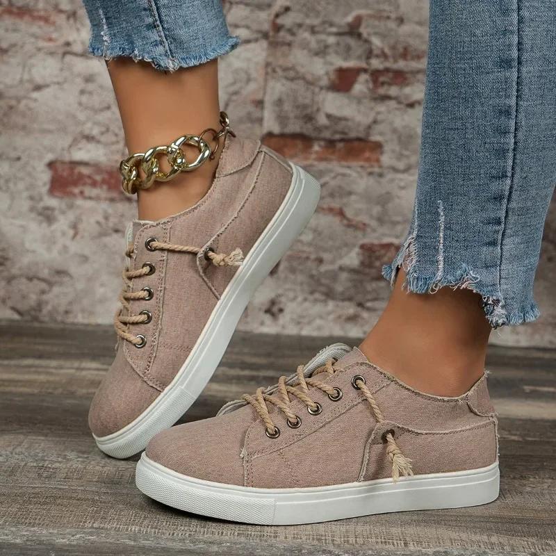 Модная женская обувь 2024 года, большой размер, плоская подошва, одинарные туфли для женщин, весна и осень, новые джинсовые низкие туфли на шнуровке, спортивная повседневная обувь