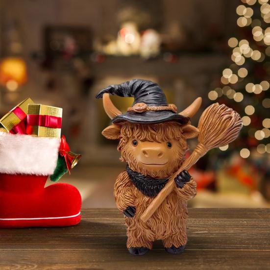 Halloween Highland Cow Resin Figurine Wizard Hat Pumpkin Broom Cattle