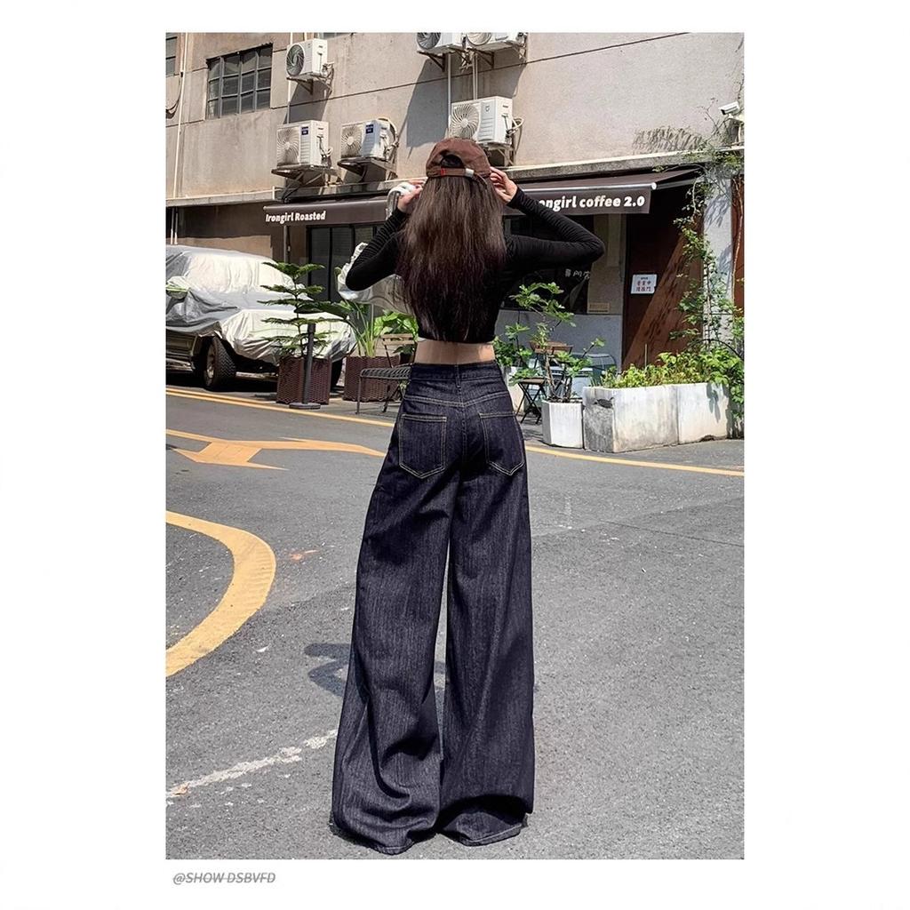 Темно-синие американские широкие джинсы для женщин, новые облегающие прямые брюки с высокой талией и драпировкой