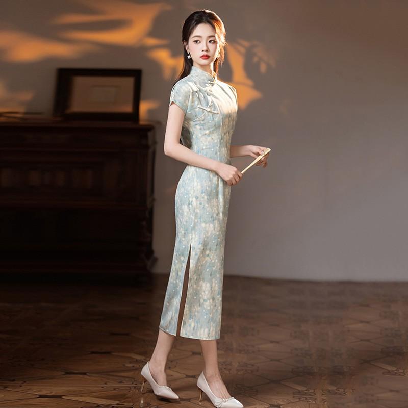 Womens Modern Chinese-Inspired Long Cheongsam Dress With Stand Collar Design Lightweight Stretch Fabric 2026