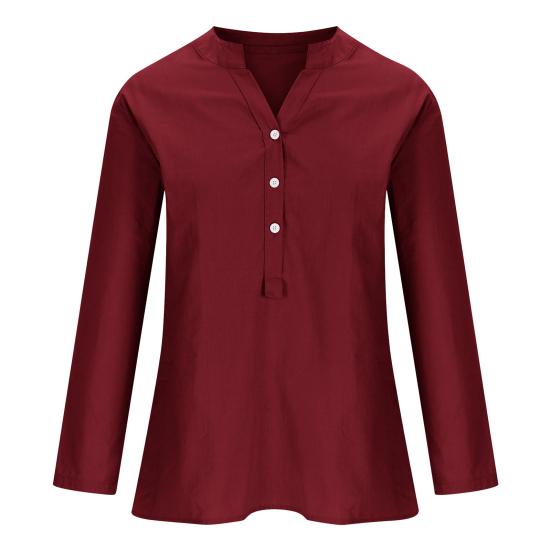 Women Casual Shirt V-Neck Buttons Half Placket Long Sleeve Blouse Solid Color Loose Fit Tunic Tops Office Lady Shirt