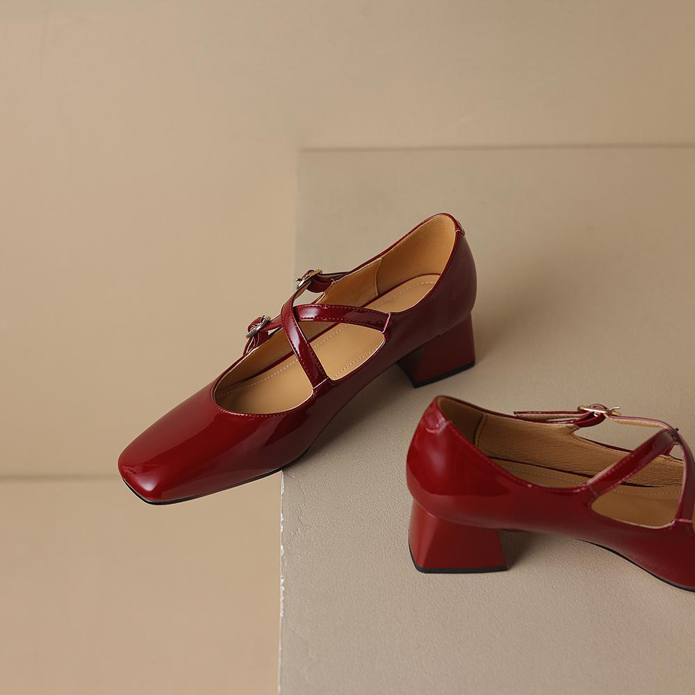 Genuine Leather Black Wine Red Women Pumps Med Heel Small Big Size 31 48