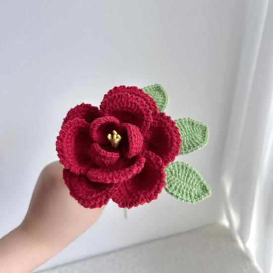 Ручная вязка крючком Цветок пиона Вязаный хлопковый букет пионов с листьями и длинным стеблем для свадебного домашнего декора Подарки на день рождения и годовщину