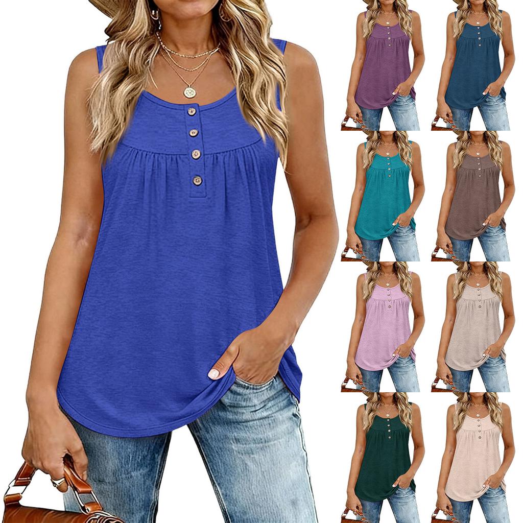 Женский модный однотонный топ-жилет без рукавов с круглым вырезом и пуговицами, подходит как для ношения отдельно, так и в качестве второго слоя.