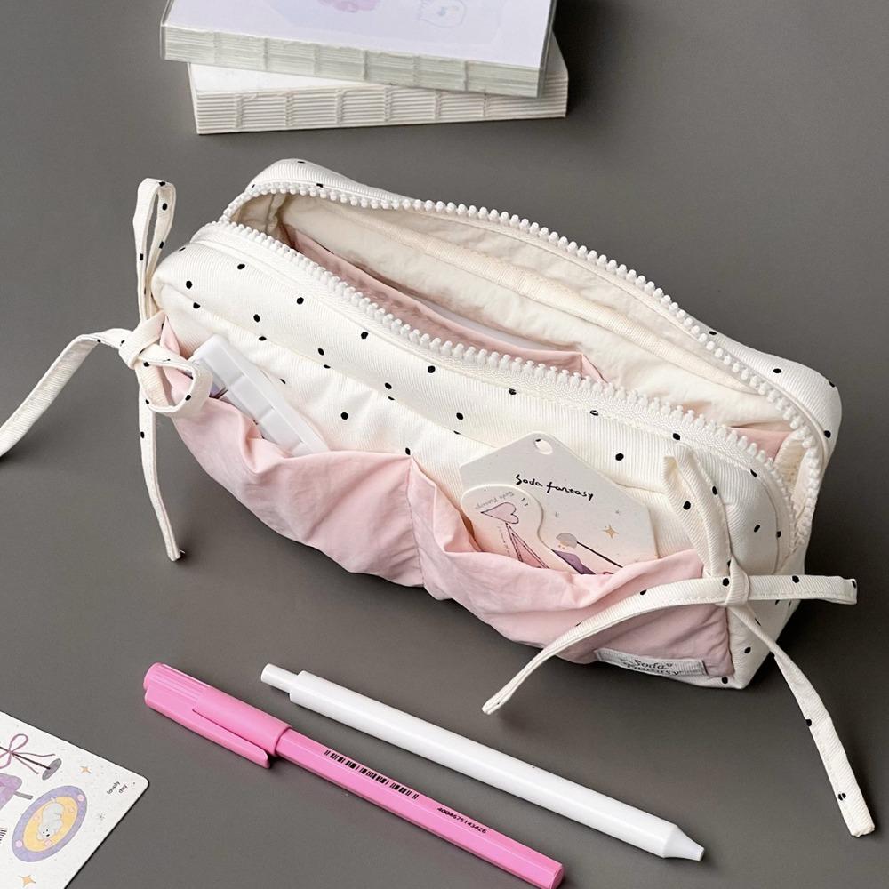 Simple and Niche Cute Snow-white Polka Dot Pencil Bag Large Capacity Student Pencil Box Makeup Storage Bags Stationery