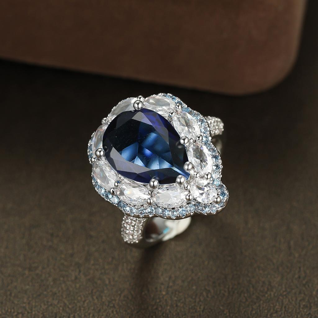 European and American vintage teardrop blue cubic zirconia ring for women Multi-layer horse-eye diamond ring, fully encrusted with diamonds and heavy