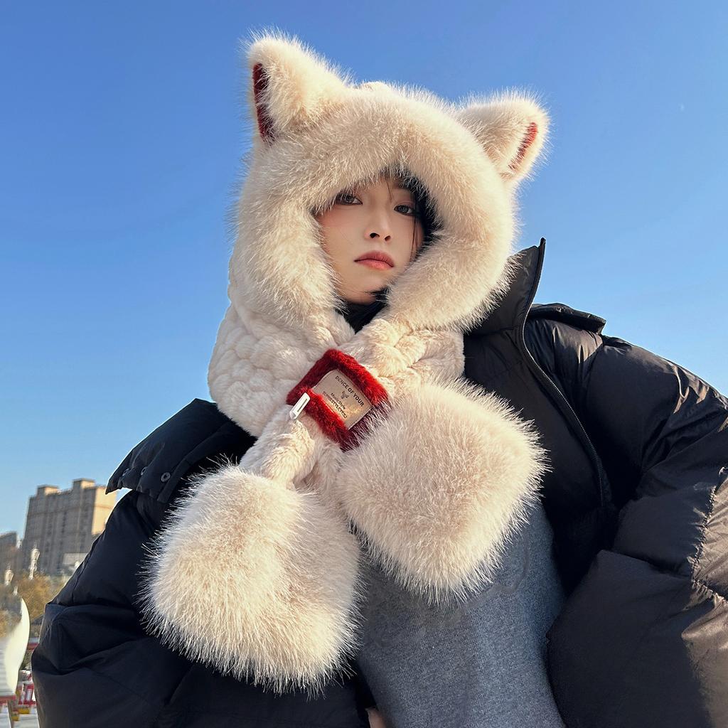 New winter hat integrated hooded ear protector scarf warm female cute ear plush hat WJ