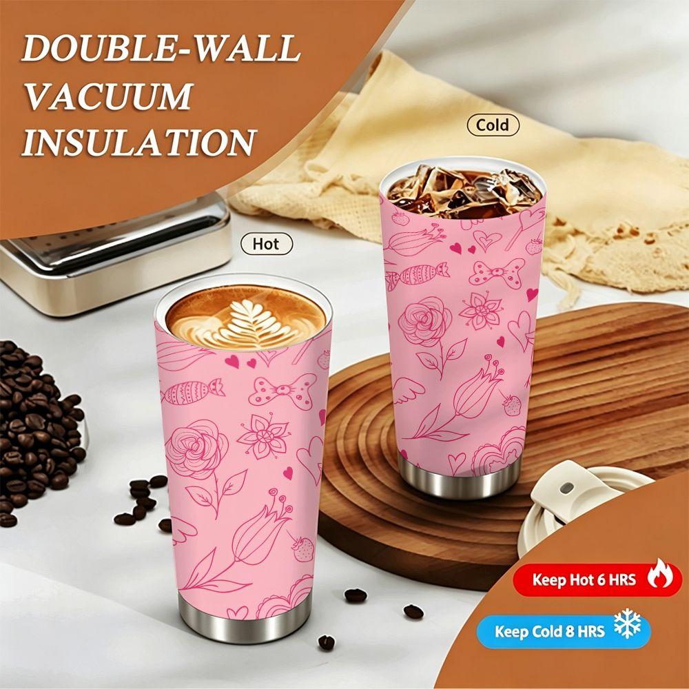 Pink Romantic Floral Heart Pattern Insulated Coffee Tumbler Stainless Steel Vacuum Thermal Mug Leakproof Travel Cup for Office Commute Gift