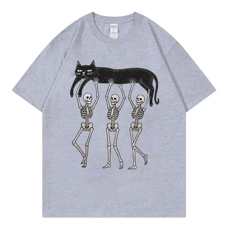 Skeleton Black Cat Funny Halloween Merch Tshirt Gothic Fashion Short Sleeve T Shirt Unisex Unisex Casual Loose 100cotton Tshirts