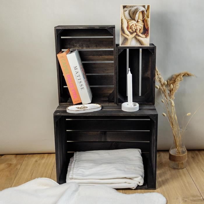 Creative Deco Lot de 3 Caisse en Bois Noir 50 x 40 x 30 cm | Caisse Rangement Bois | Caisse en Bois Vintage | Cagette en Bois