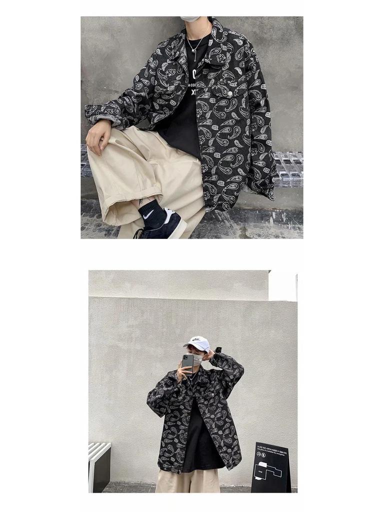 Мужская осенняя джинсовая куртка в корейском стиле с потертостями - жаккардовая, свободного кроя, повседневная, красивая, большого размера.