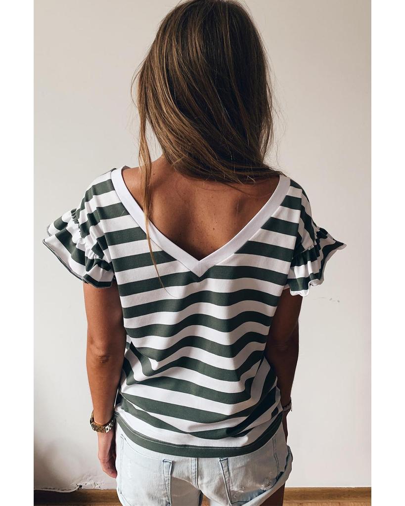 Azura Exchange Sea Green Striped V Neck Ruffle Sleeve Top