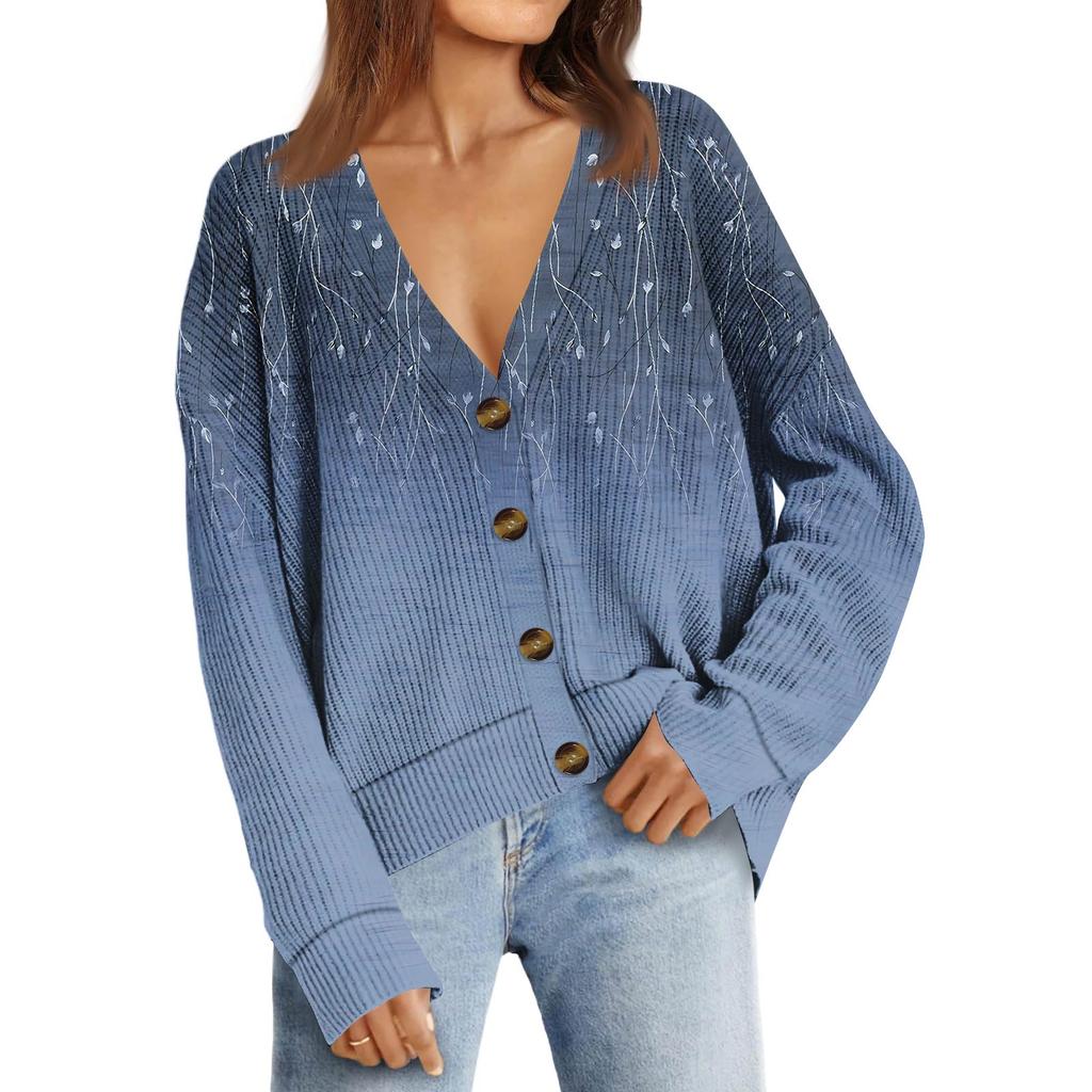Women's Fashion Long Sleeve Print V-Neck Button Loose Cardigan Top