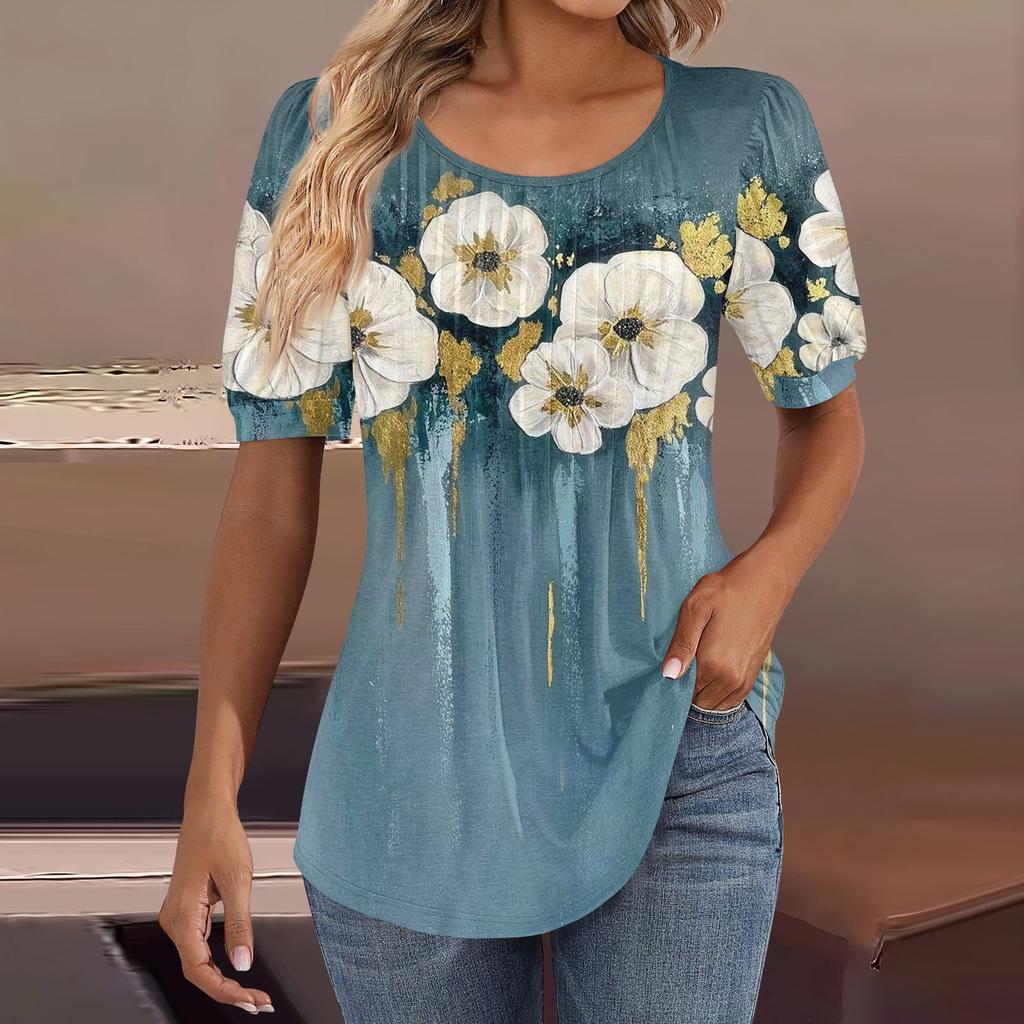 Женские пышные туники с короткими рукавами, топы, плиссированные блузки с воротником, повседневные свободные весенне-летние футболки