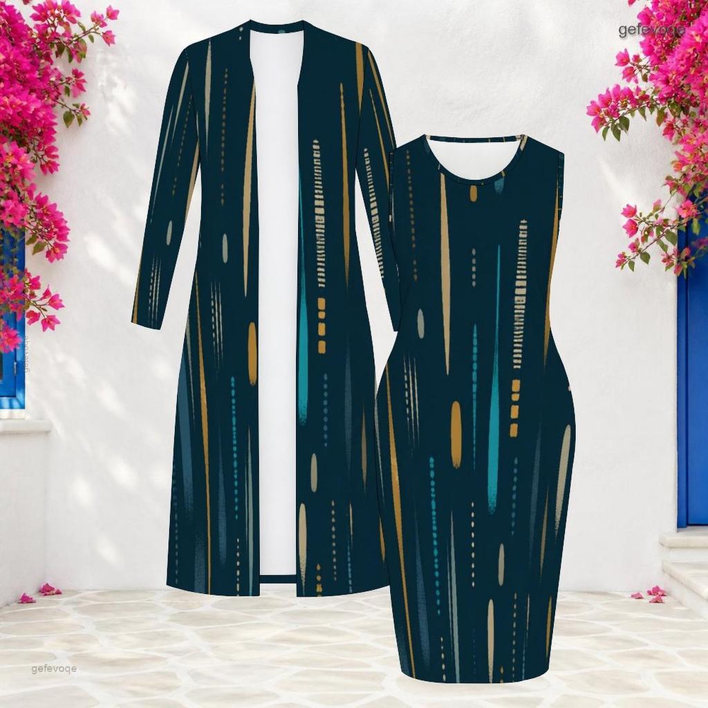 Women Plus Size Printed Two Piece Set Round Neck Sleeveless Bodycon Dress Long Sleeve Open Front Cardigan
