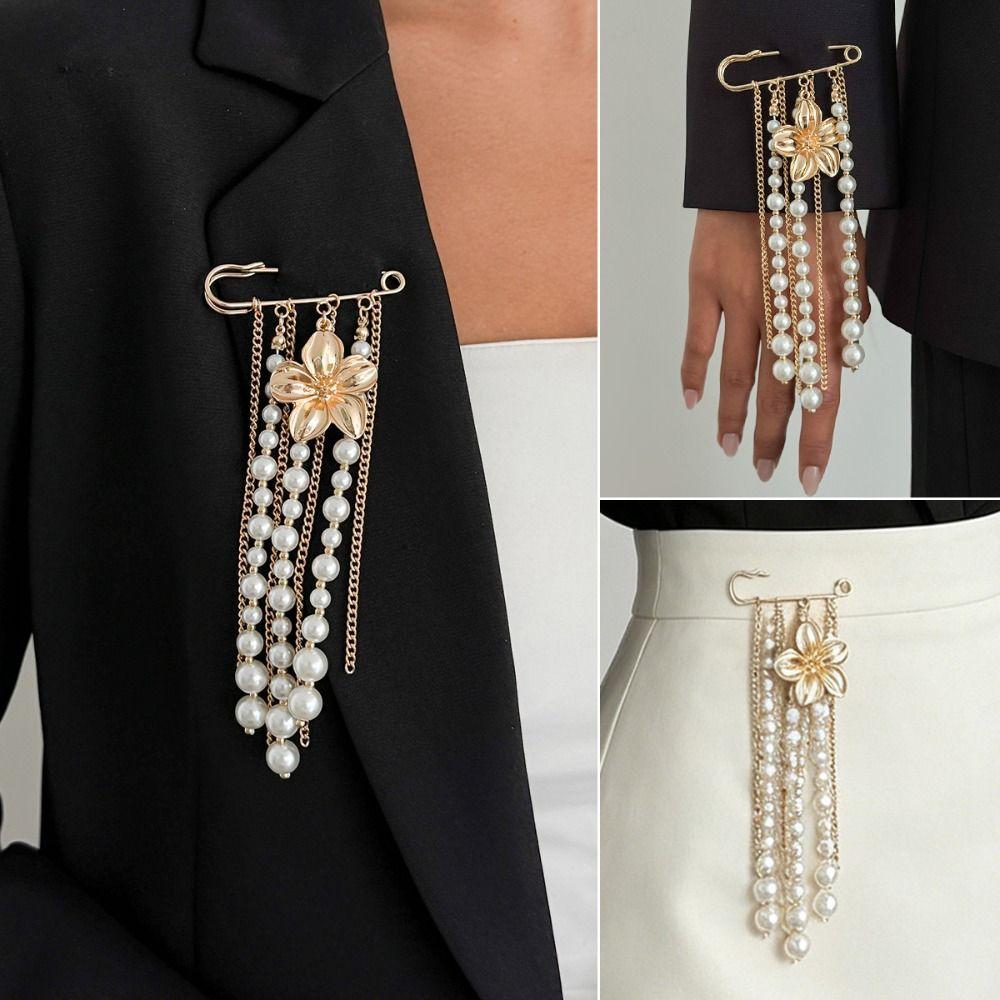Flower Long Tassel Brooch Pearl Waist Cinching Fixed Pin Exquisite Multi-layer Chains Pin  Women