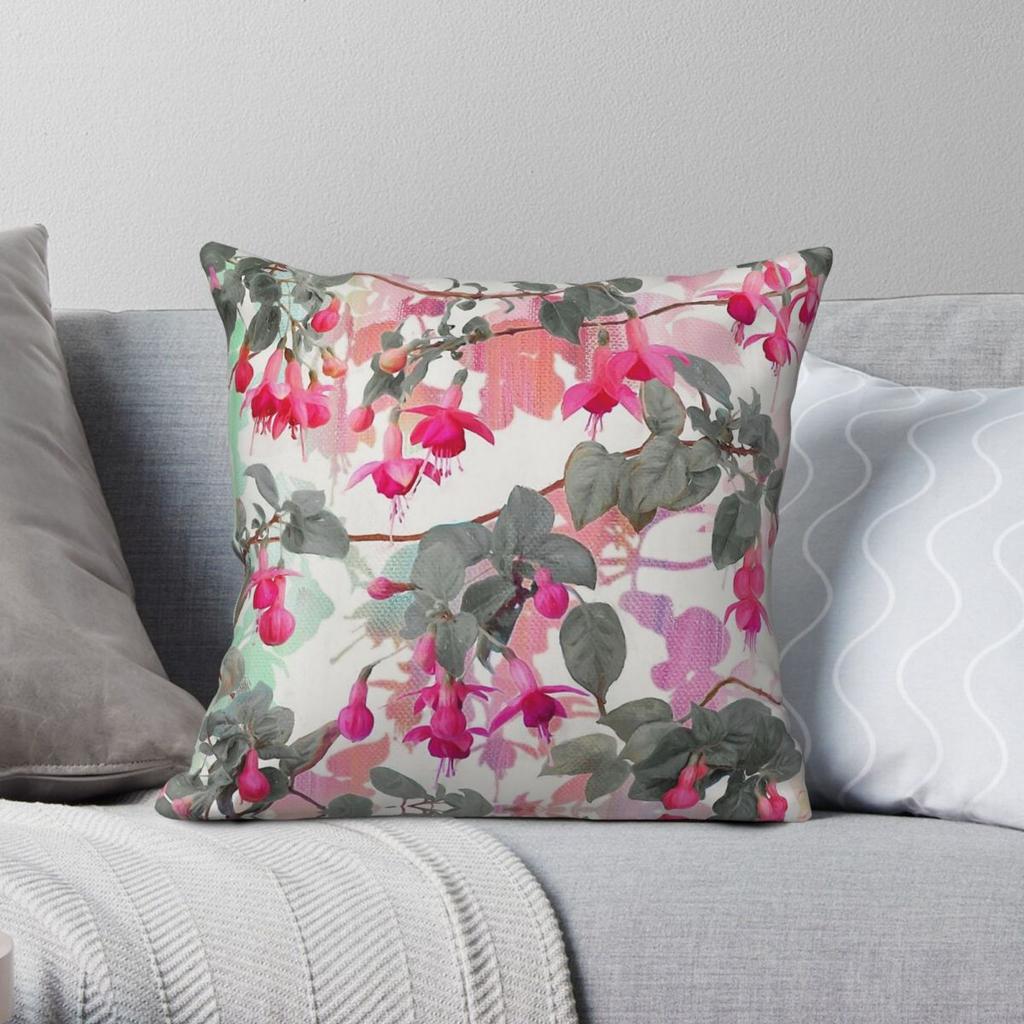 Rainbow Fuchsia Floral Grey Square Pillowcase Polyester Linen Velvet Creative Zip Decorative Throw Pillow Case Sofa Seater Cover