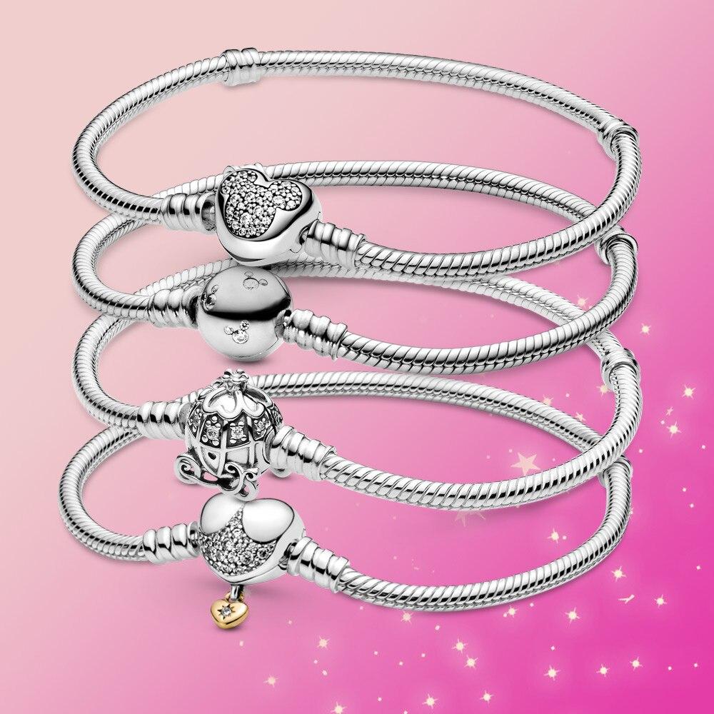 925 Sterling Silver Bracelet Moments Sparkling Moments Mouse Heart Clasp Snake Chain Bracelet Women for Jewelry GIFT