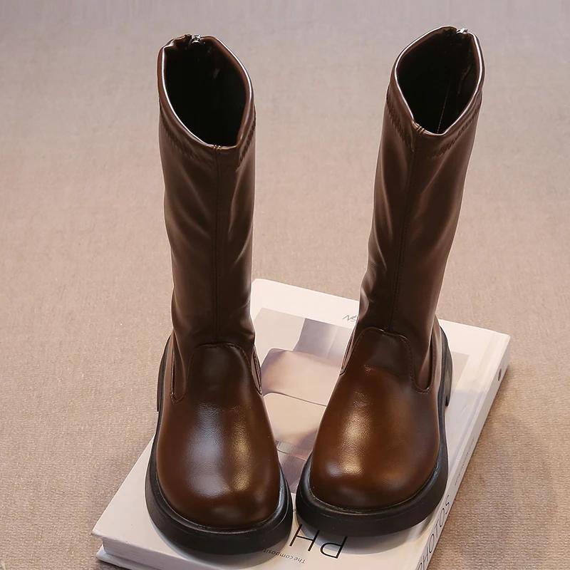 Children Long Boots Solid Color Knee-high Autumn Kids Boot Soft Pu Leather 26-36 Trendy Zipper Light Comfy All-match Girl's Shoe