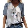 Summer V-neck 3D Cat Printed Top Fashionable Casual Short Sleeved Women's T-shirts