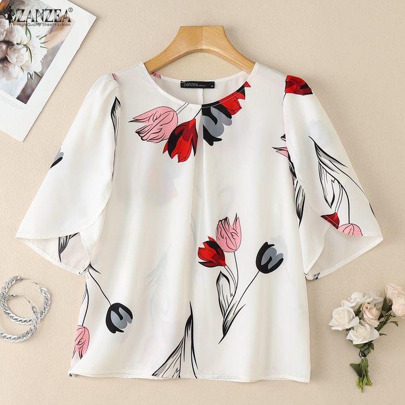 ZANZEA Женская повседневная блузка с круглым вырезом, свободного кроя, с принтом и рукавами до локтя