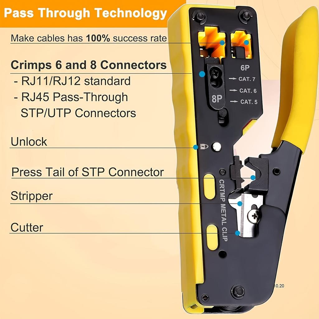 1pc Ratcheting Modular Data Cable Crimper / Wire Stripper / Wire Cutter for RJ11/RJ12 Standard, RJ45 Pass-Thru Connectors