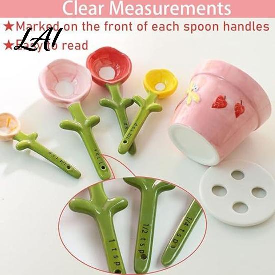 Kitchen Utensil Gift Set 4Pcs Flower Measuring Spoons Set Ceramic Nesting Cups