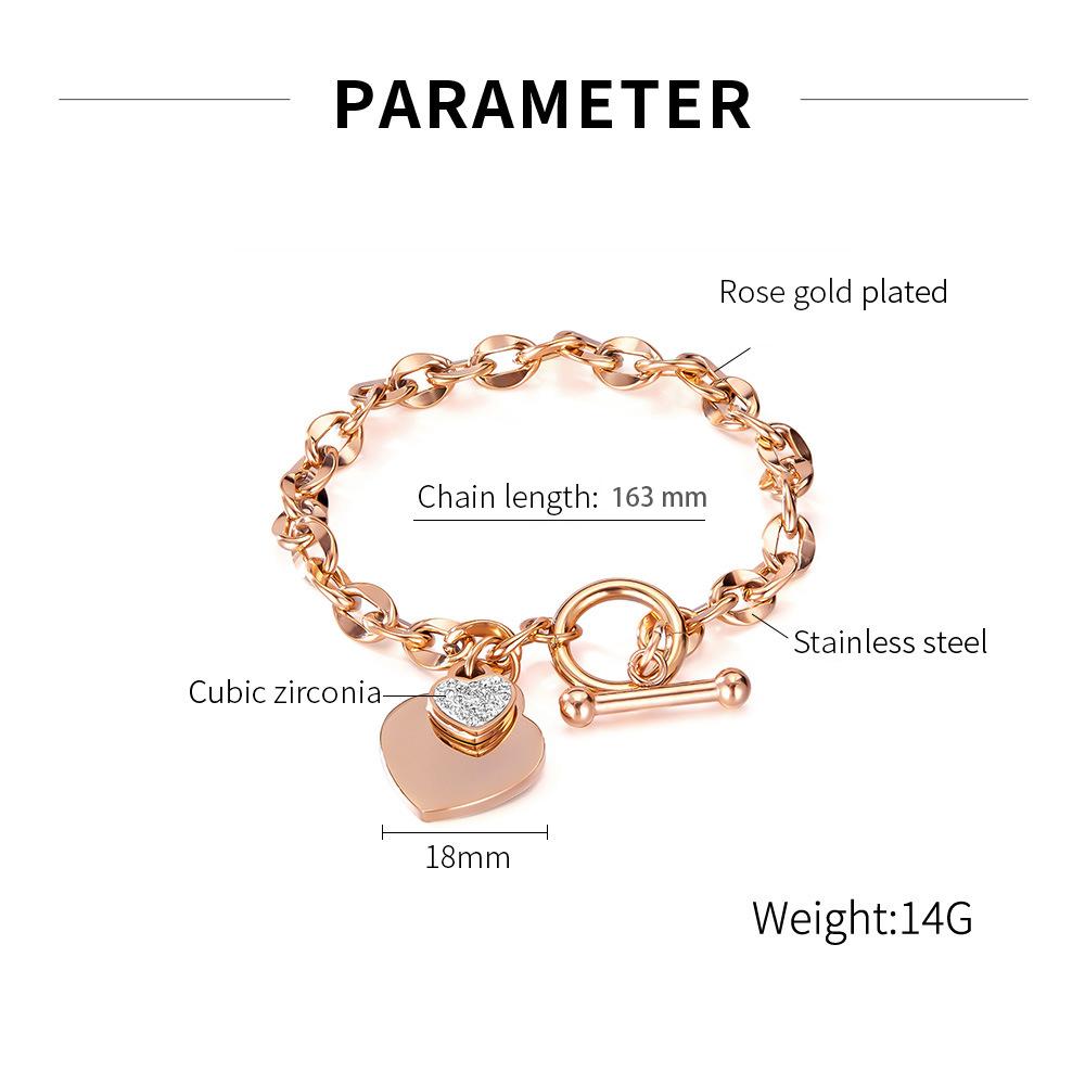 Ladies' Fashion Jewelry Heart Shaped Chain Bracelet Stainless Steel CZ Crystal Hand Chain