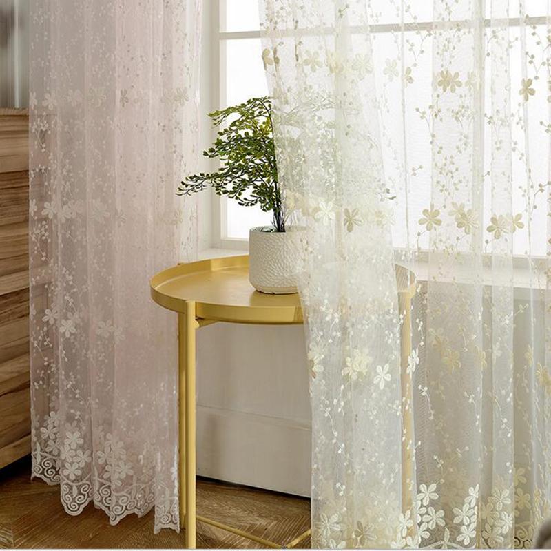 Embroidered Lace Curtains Living Room Bedroom Elegant Organza Floral Delicate White Gauze Home Window Decor,1pc