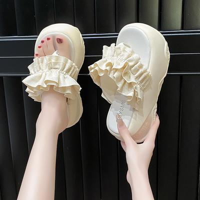 8СМ Женские Туфли на Высоком Каблуке Шлепанцы 2025 Новые Летние Уличные Складные Сандалии с Цветком Удобная Резиновая Подошва Массивные Пляжные Шлепанцы