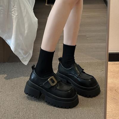 Женские весенние новые черные туфли из маленькой кожи на толстой подошве, увеличивающие рост, из натуральной кожи, одинарные туфли, детские