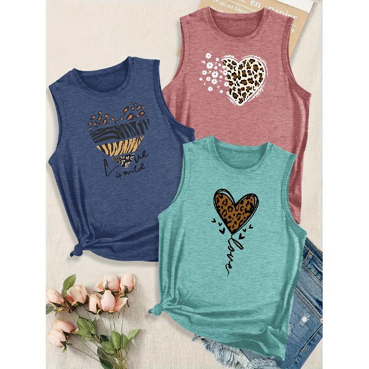 Women's Elegant Leopard Print Love Letter Combination Gift Printed Pattern Round Neck3Sleeveless vest spring/summer women's top
