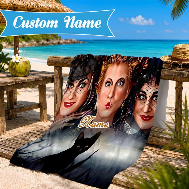 Custom Name Witches Collage Heart In Space Adventure Microfiber Beach Towel, Lightweight for Summer Travel, Swimming Pool Fan Gift