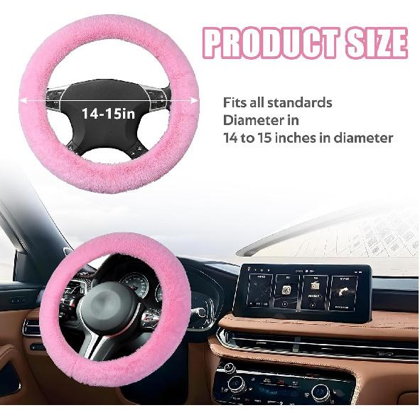 Wuyaoyao Fuzzy Car Steering Wheel Cover, 15'' Soft Auto Steering Wheel Protector For Warm Winter, Elastic Anti-Slip Fluffy Wheel Covers, Universal