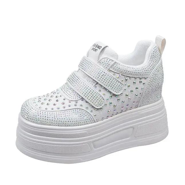 Fashion 10CM Wedge Heels Sneakers New Autumn Women Bling Crystal Skateboard Shoes Breathable Leather High Platform Vulcanize White Shoes