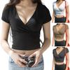 Женская футболка с глубоким V-образным вырезом и коротким рукавом, футболка с открытым пупком, облегающие однотонные топы, легкие эластичные укороченные топы