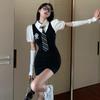 Корейский стиль школьного платья в консервативном стиле с искусственным воротником-поло облегающие черные тонкие мини-короткие платья осень