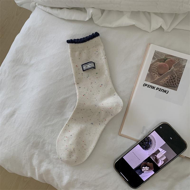 Серия Темно-синий ~ Носки с буквенными этикетками из ткани, Женские носки из чистого хлопка с махрой, в полоску, контрастного цвета, из точечной пряжи, носки до середины икры