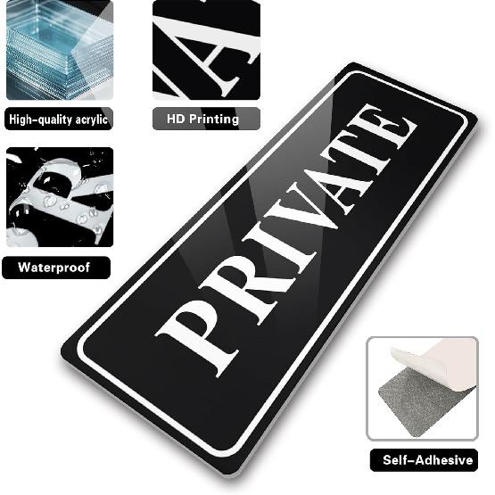 2pcs Private Sign for Doors,With Self Adhesive,8x2.8in,Black