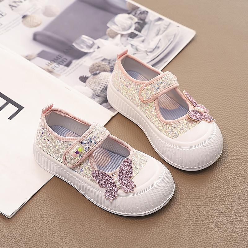 Girls' Bowknot Rhinestone Shoes2026Spring and summer new hollow-out shallow-mouth fabric shoes for older children, pearl princess shoes
