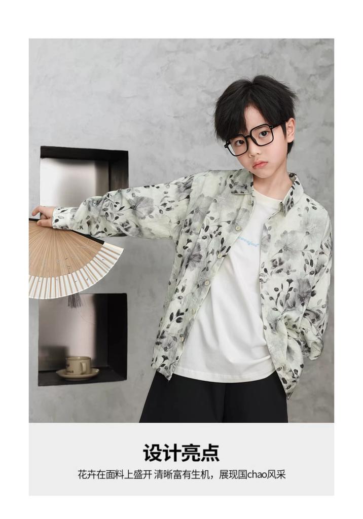 LUSON Children's Summer National Style Flower Material Shirt