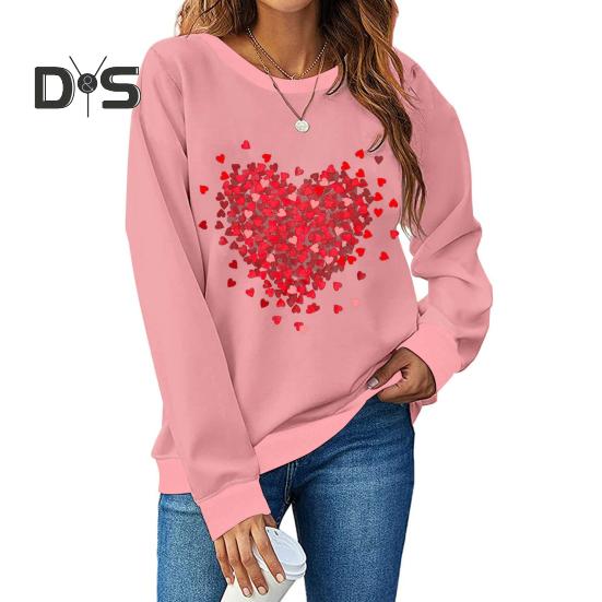 Женская толстовка с капюшоном на День святого Валентина, женская толстовка с принтом в виде сердца, круглый вырез, длинный рукав, свободный пуловер, топы