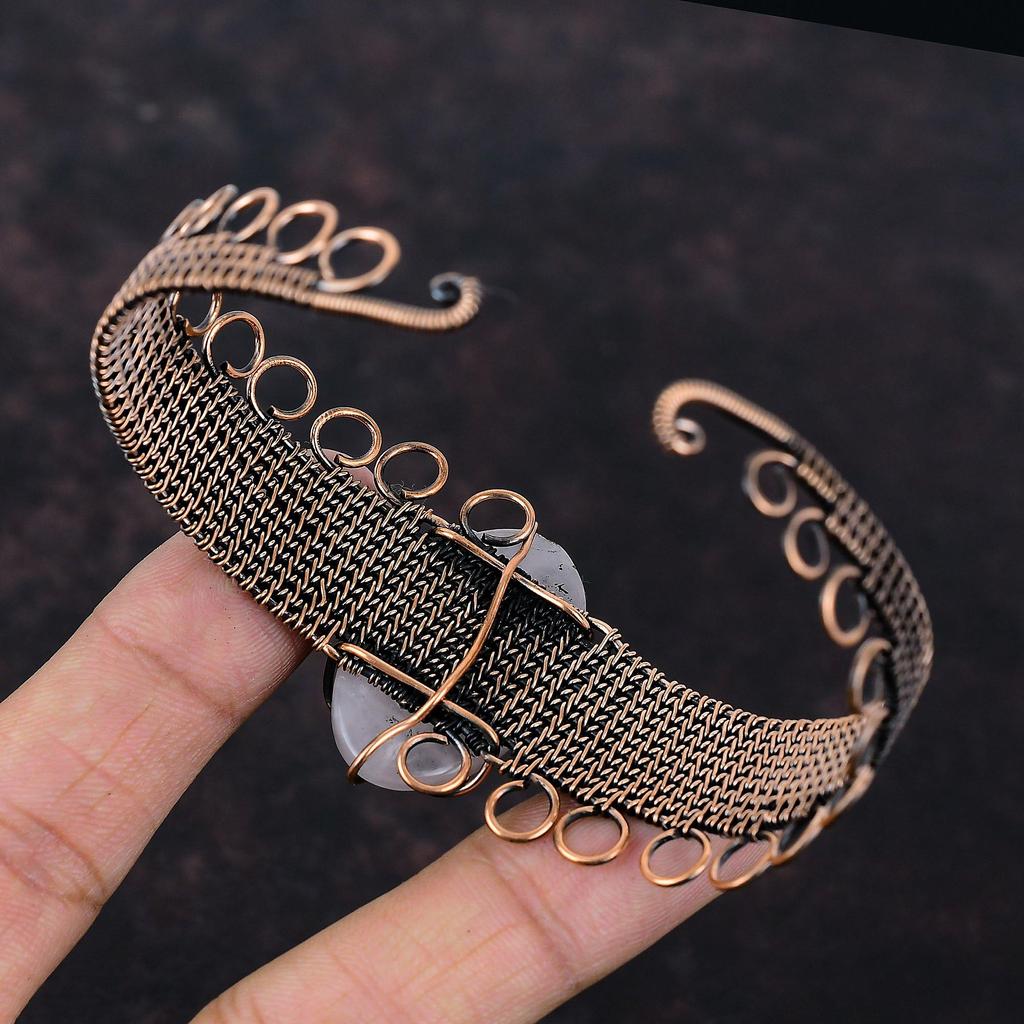 Браслет из розового кварца, медная проволока, браслет-манжета, регулируемый браслет с драгоценными камнями, ручная работа, медные украшения, подарок для него, проволочная обмотка, ювелирные изделия