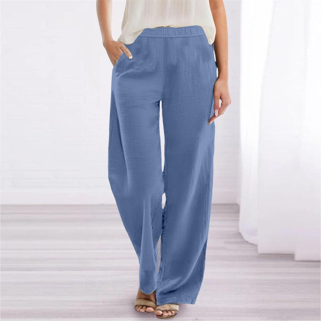 Women's Solid Color Casual Pants Versatile Loose Cotton Linen Wide Leg Pants