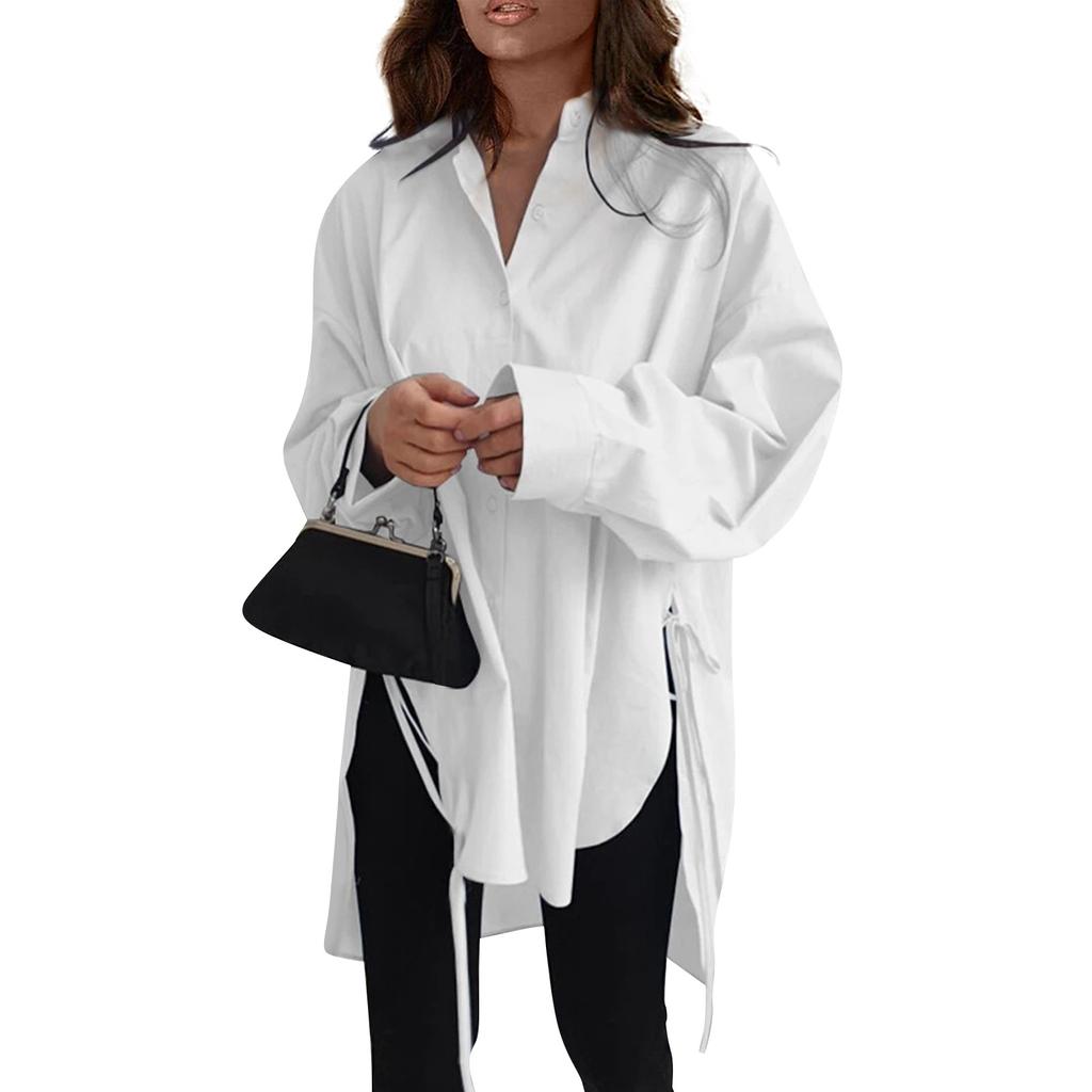 Модная повседневная однотонная рубашка с длинными рукавами и лацканами свободного типа для женщин